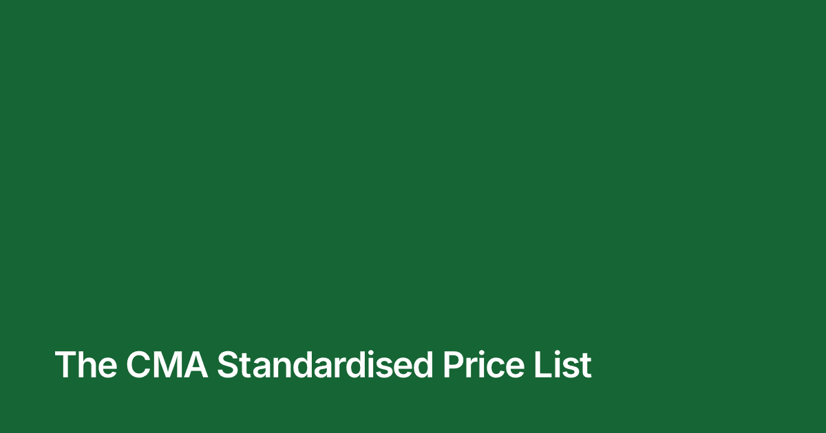 Title card reading "The CMA Standardised Price List" in white on the brand green